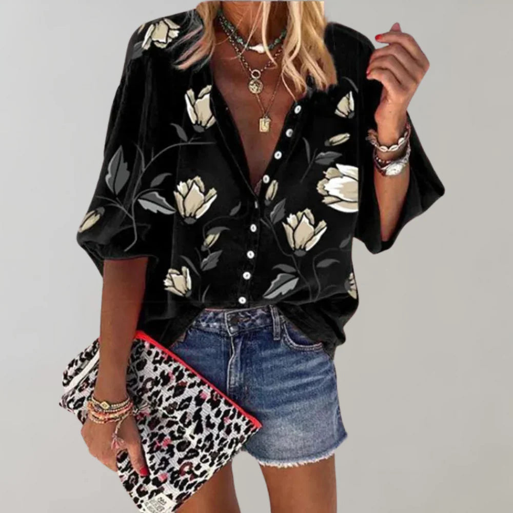 Mira – Deep V-Neckline Flowing Blouse with Bold Floral Print
