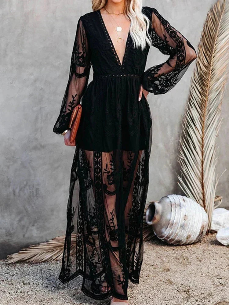 Seraphina – Lace-Detail Maxi Dress with Flowing Silhouette