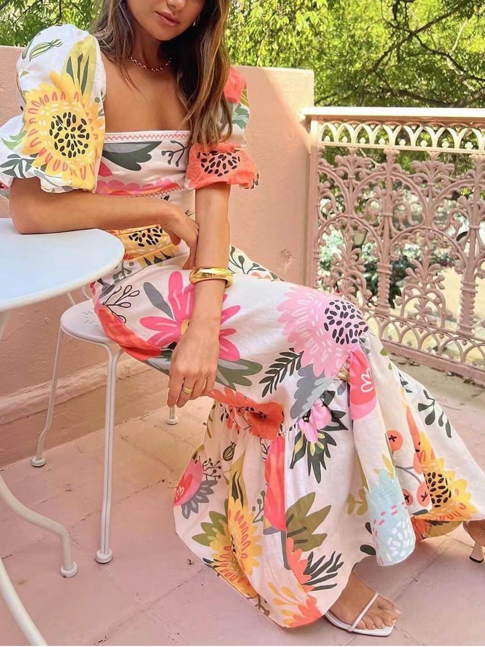 Jane - Chic Floral Print Maxi Dress With Puff Sleeves