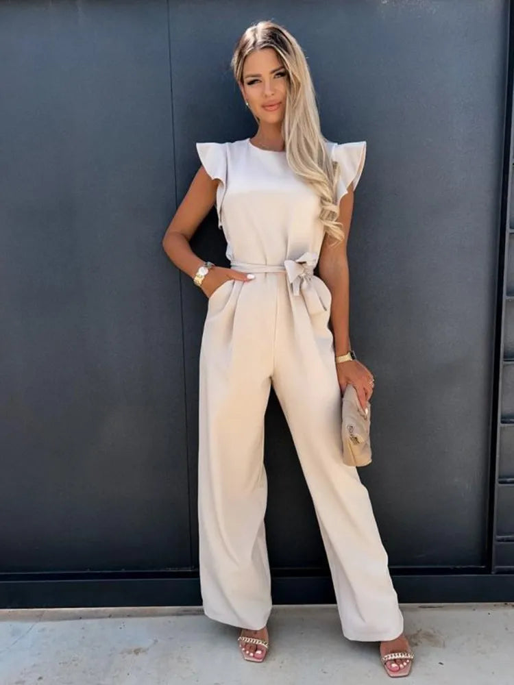 Mia - Round Neck Jumpsuit with Frill Sleeves and Slanted Pockets