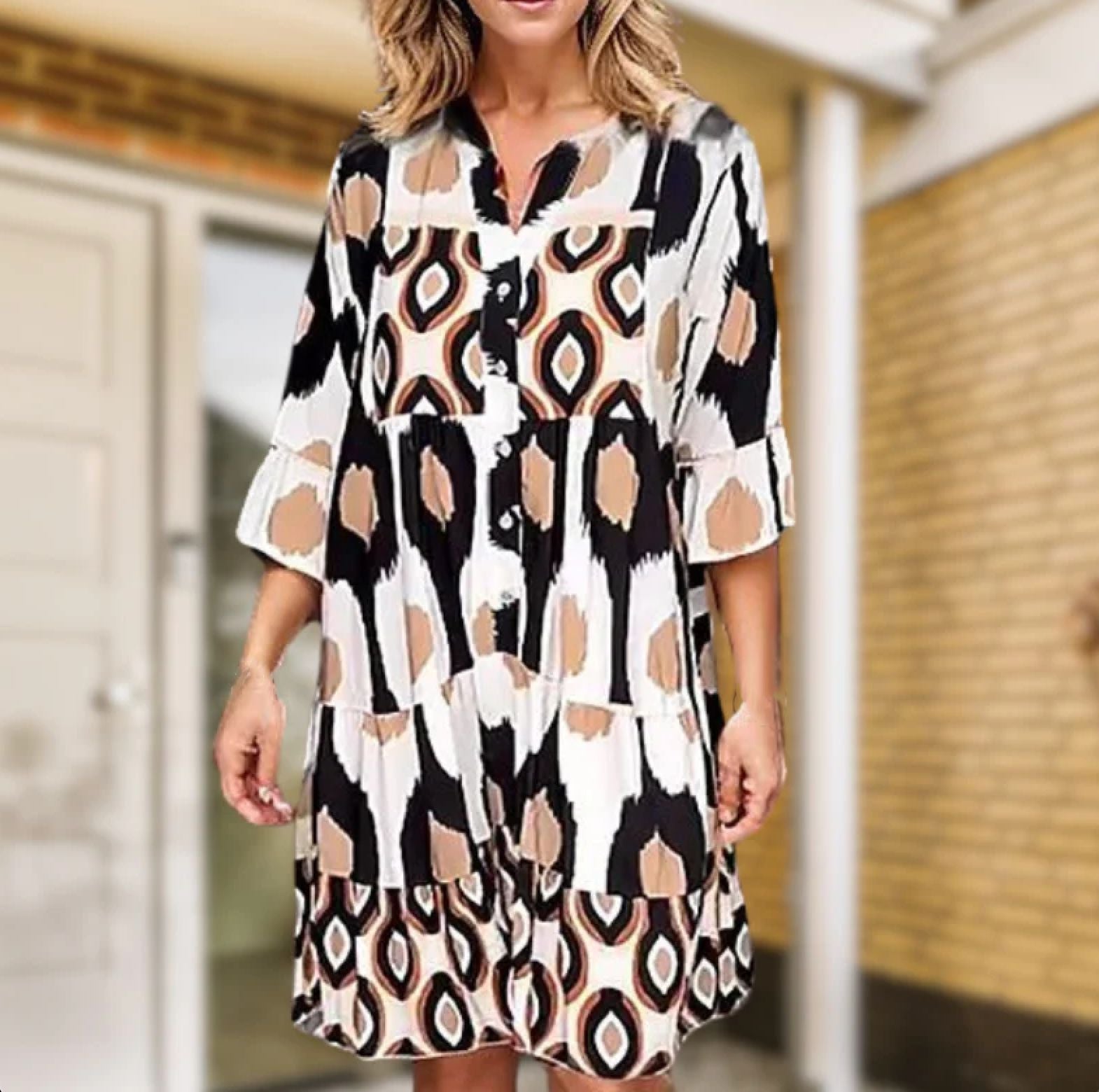 Serena – Stand Collar Printed Dress with Long Sleeves