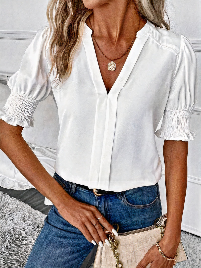 Mila – Elegant V-Neck Blouse with Puff Sleeves