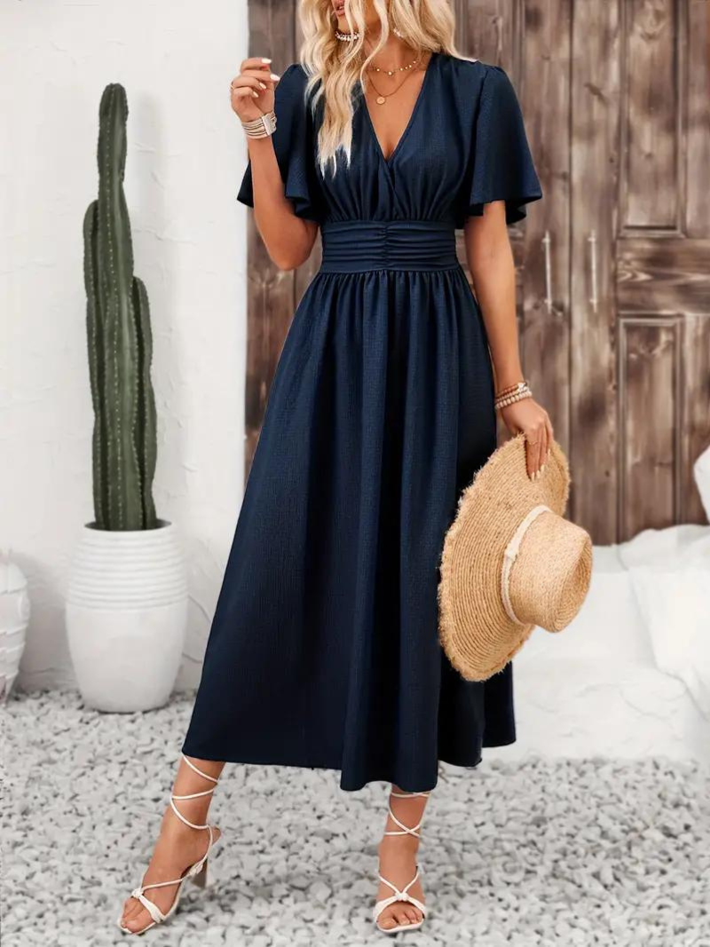 Viora - Long V-Neck Dress with Short Sleeves and Flowing Design