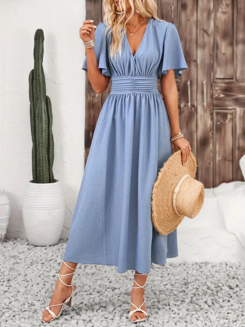 Viora - Long V-Neck Dress with Short Sleeves and Flowing Design