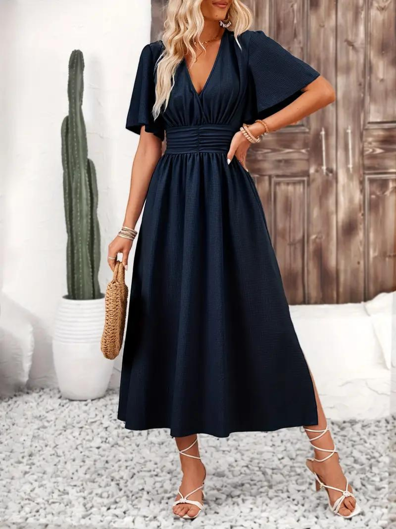 Viora - Long V-Neck Dress with Short Sleeves and Flowing Design