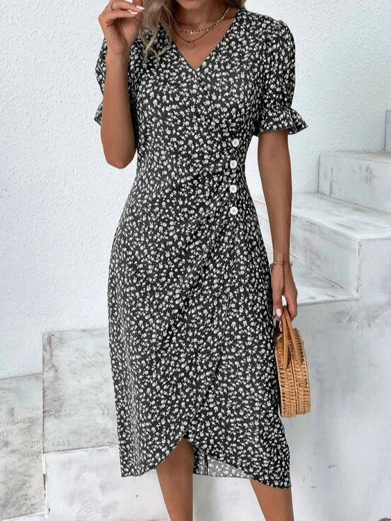 Olivia – Elegant V-Neck Dress with Puff Sleeves