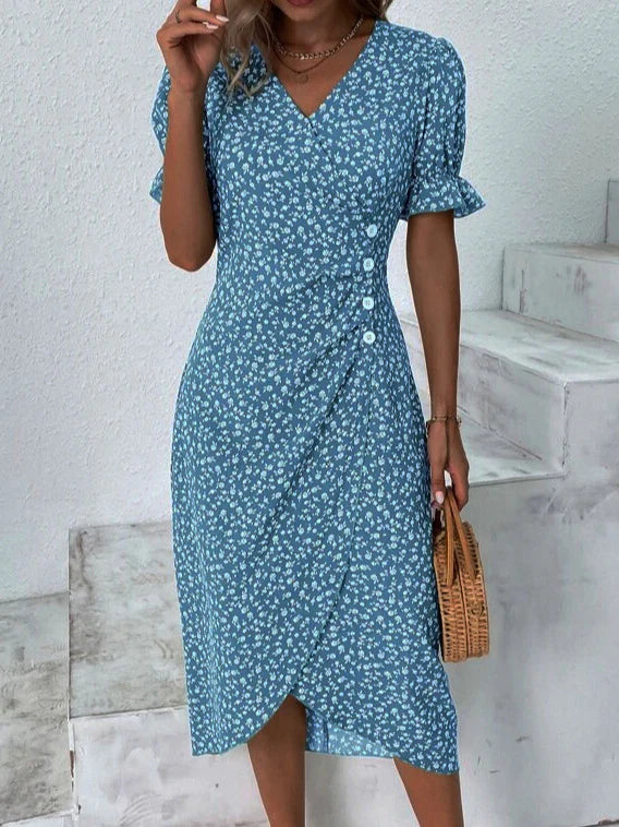 Olivia – Elegant V-Neck Dress with Puff Sleeves