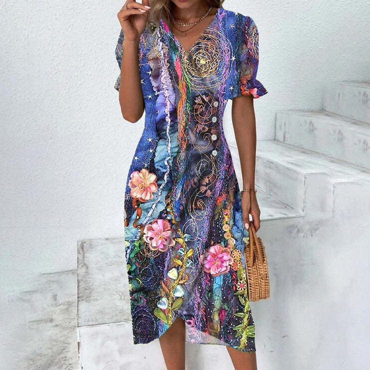 Olivia – Elegant V-Neck Dress with Puff Sleeves