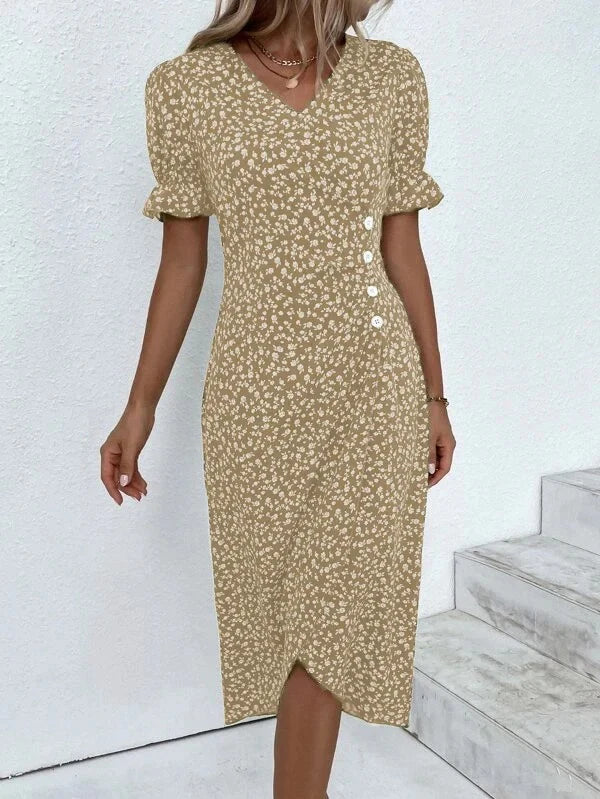 Olivia – Elegant V-Neck Dress with Puff Sleeves