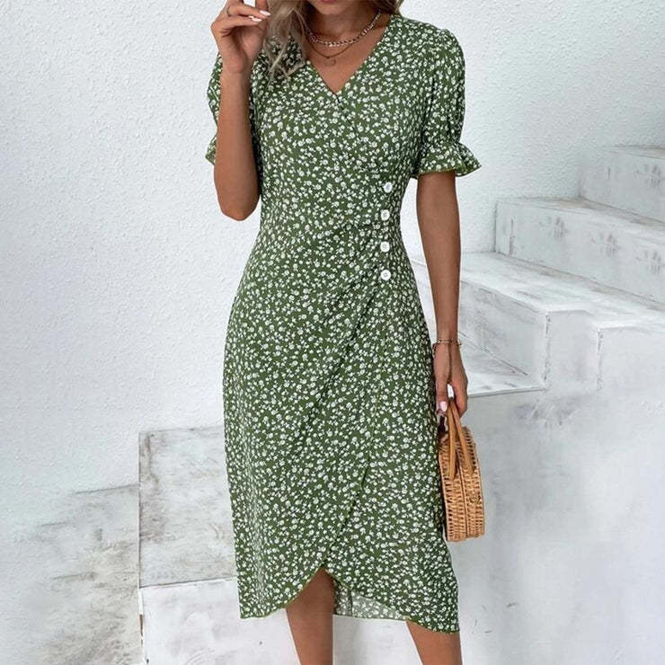Olivia – Elegant V-Neck Dress with Puff Sleeves