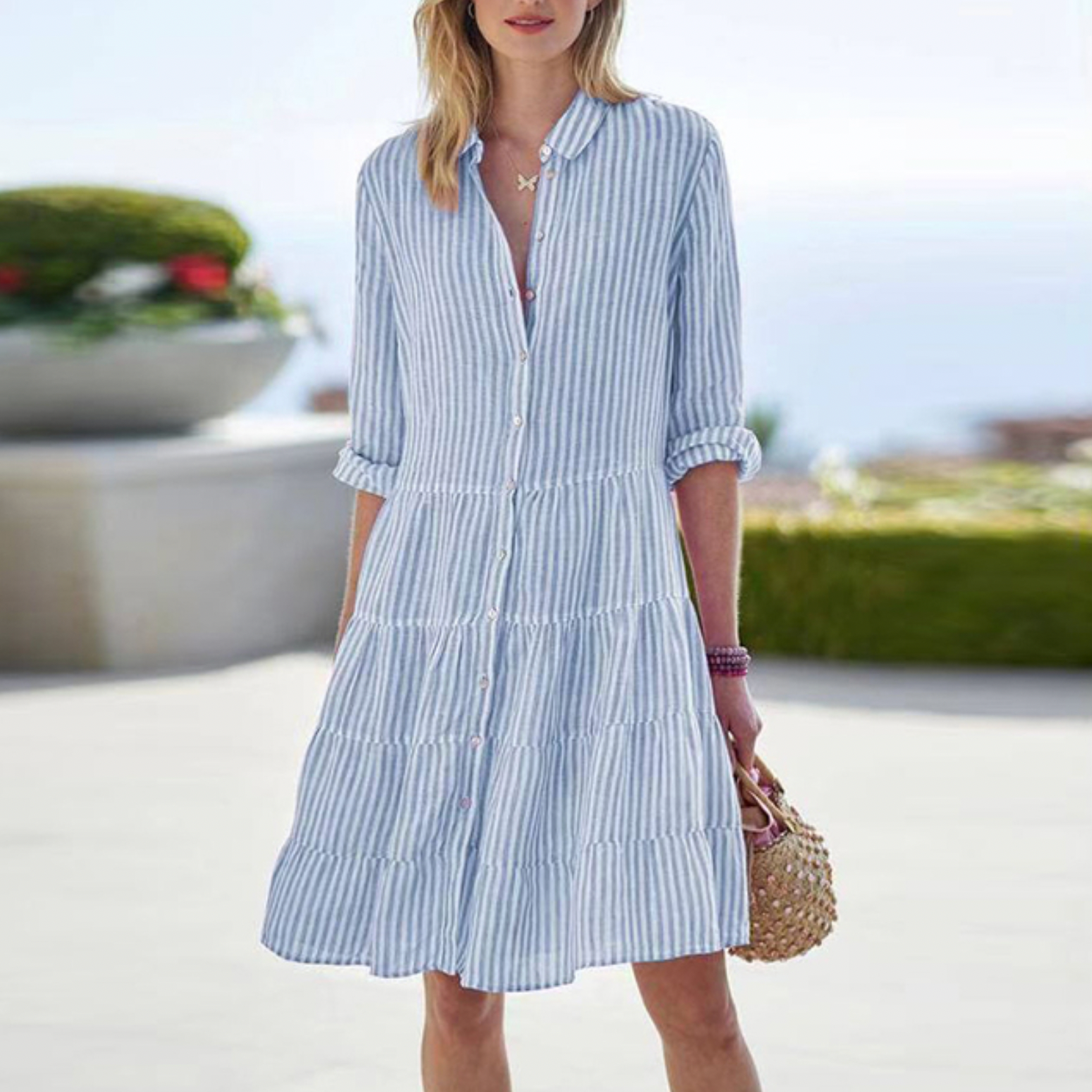 Seraphina – Elegant Striped Pattern Midi Dress with Front Button