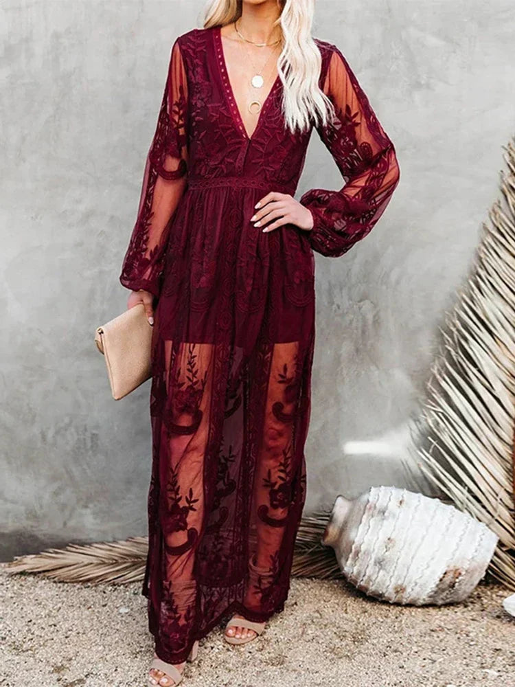 Seraphina – Lace-Detail Maxi Dress with Flowing Silhouette