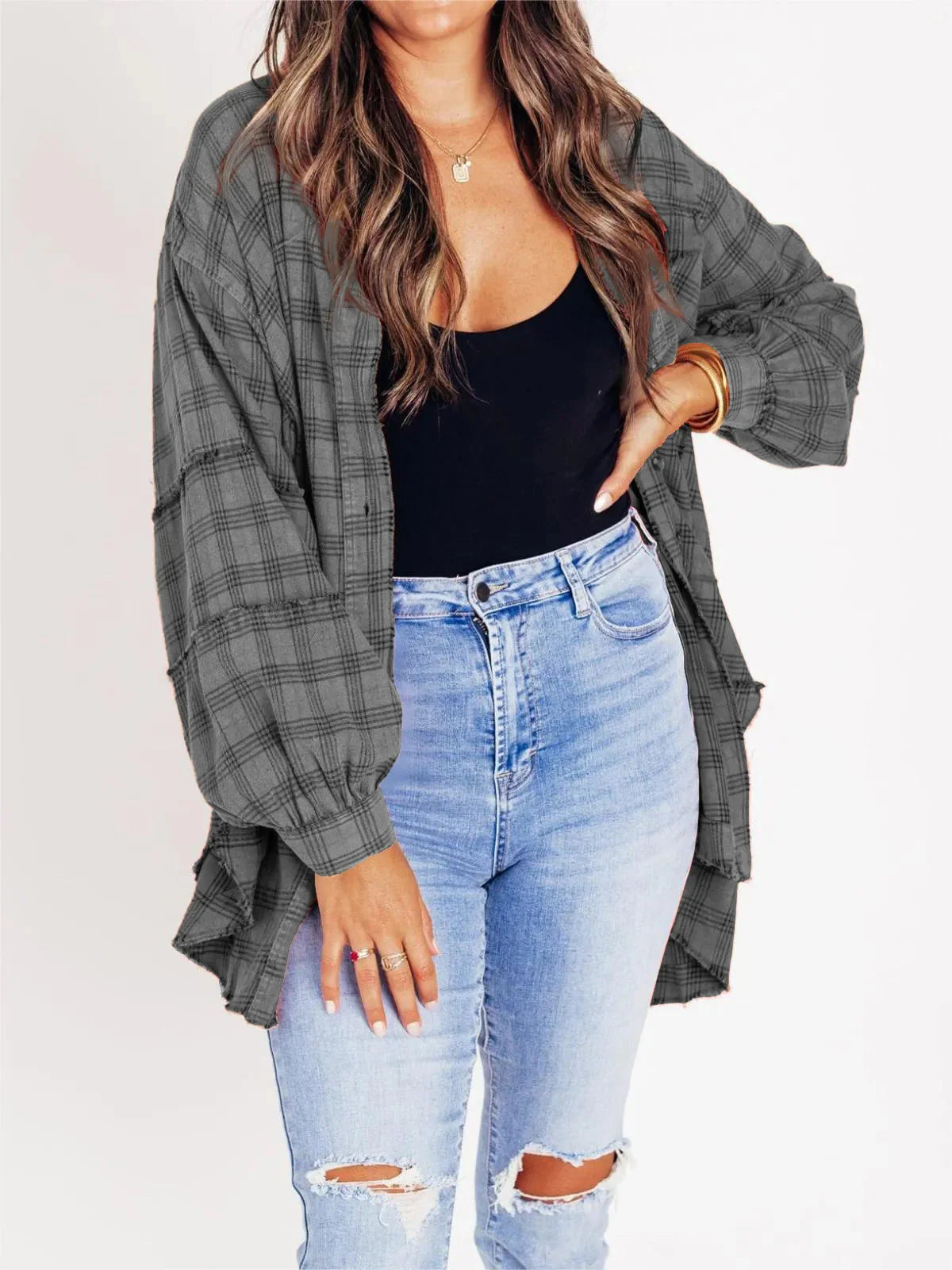 Vanessa – Stylish Front Button Oversized Flannel with Collared Neckline