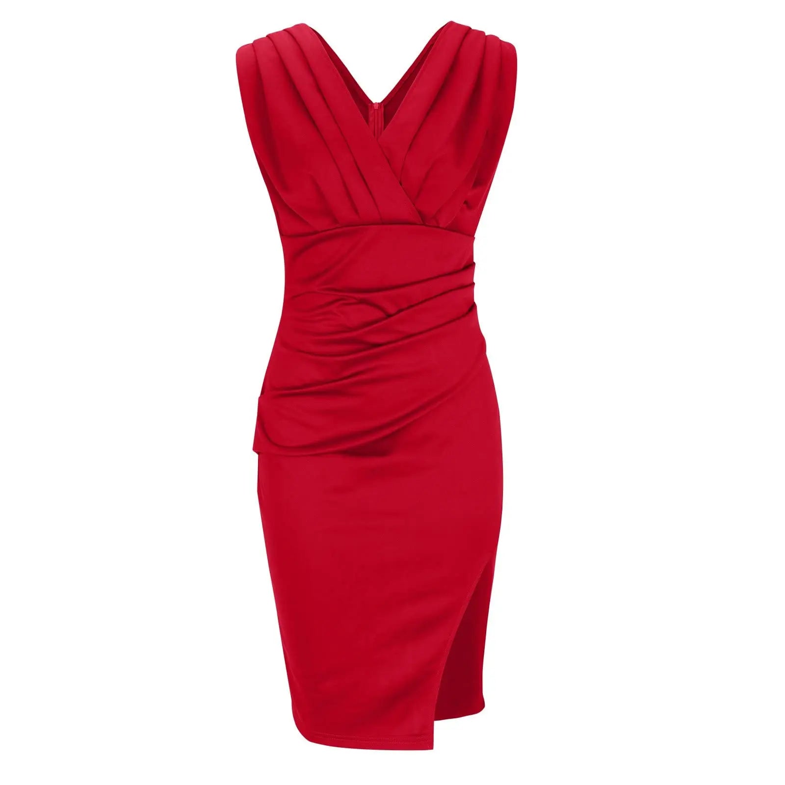 Celestia – V-Neck Pleated Sleeveless Dress with Side Slit Design