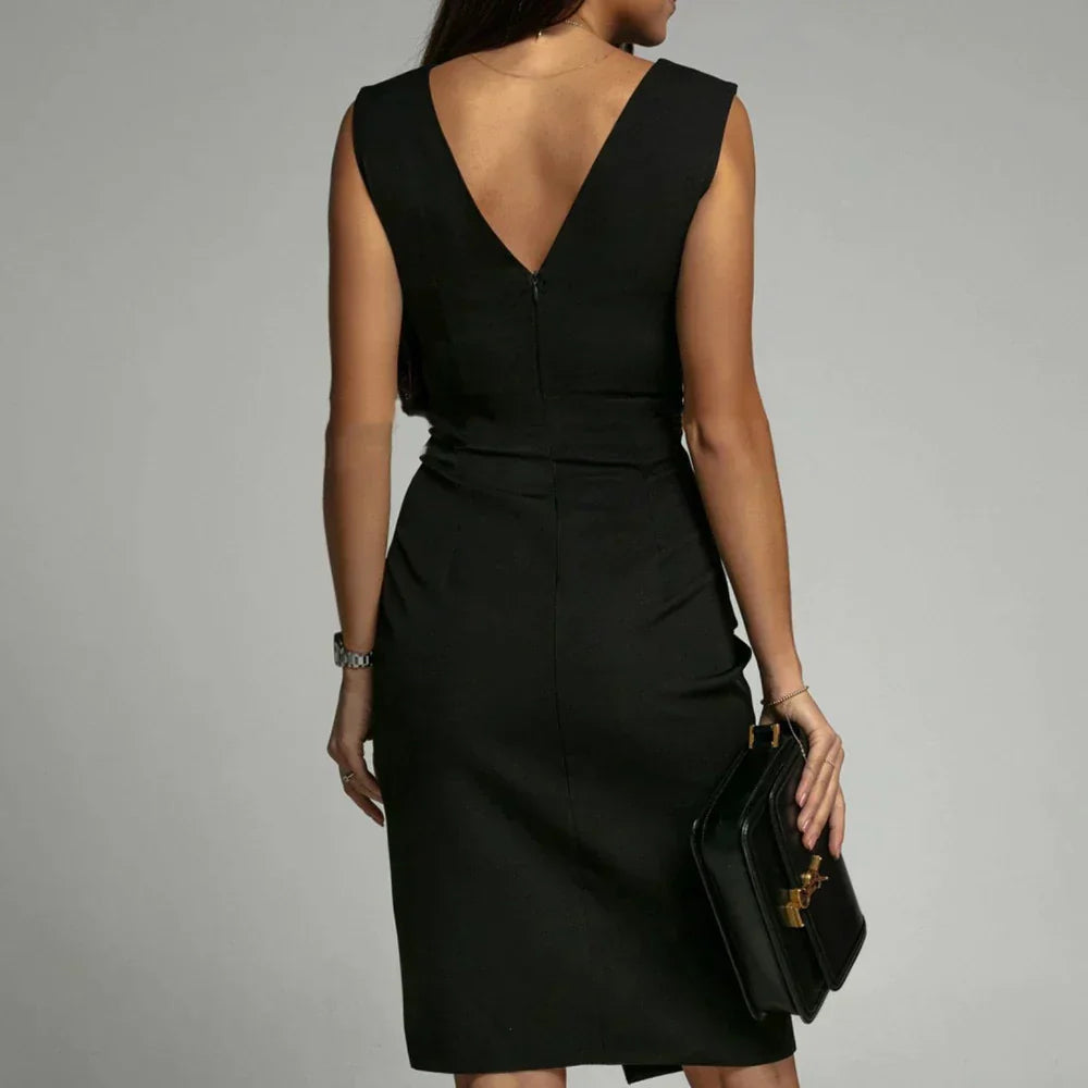 Celestia – V-Neck Pleated Sleeveless Dress with Side Slit Design