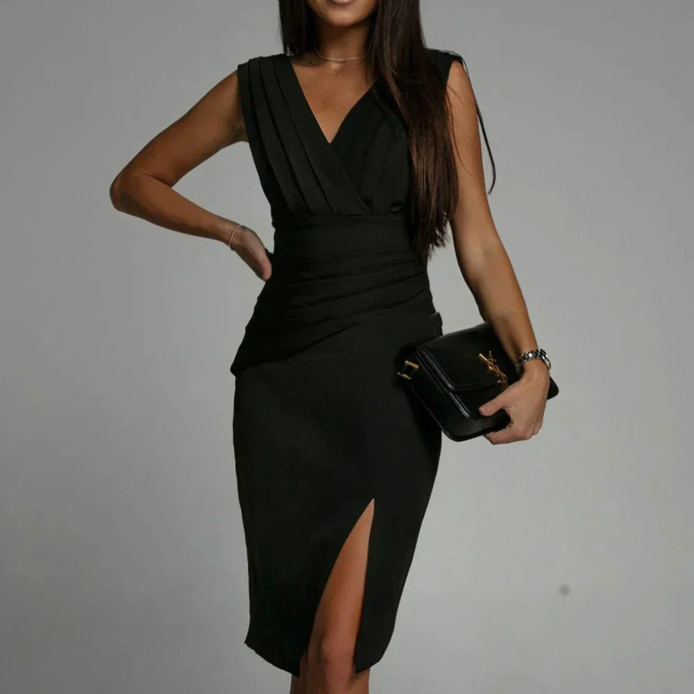 Celestia – V-Neck Pleated Sleeveless Dress with Side Slit Design