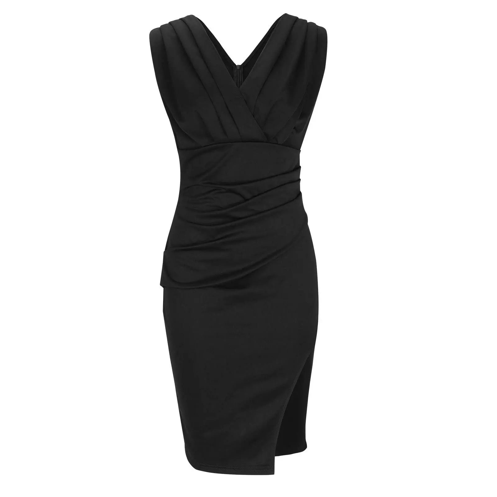 Celestia – V-Neck Pleated Sleeveless Dress with Side Slit Design