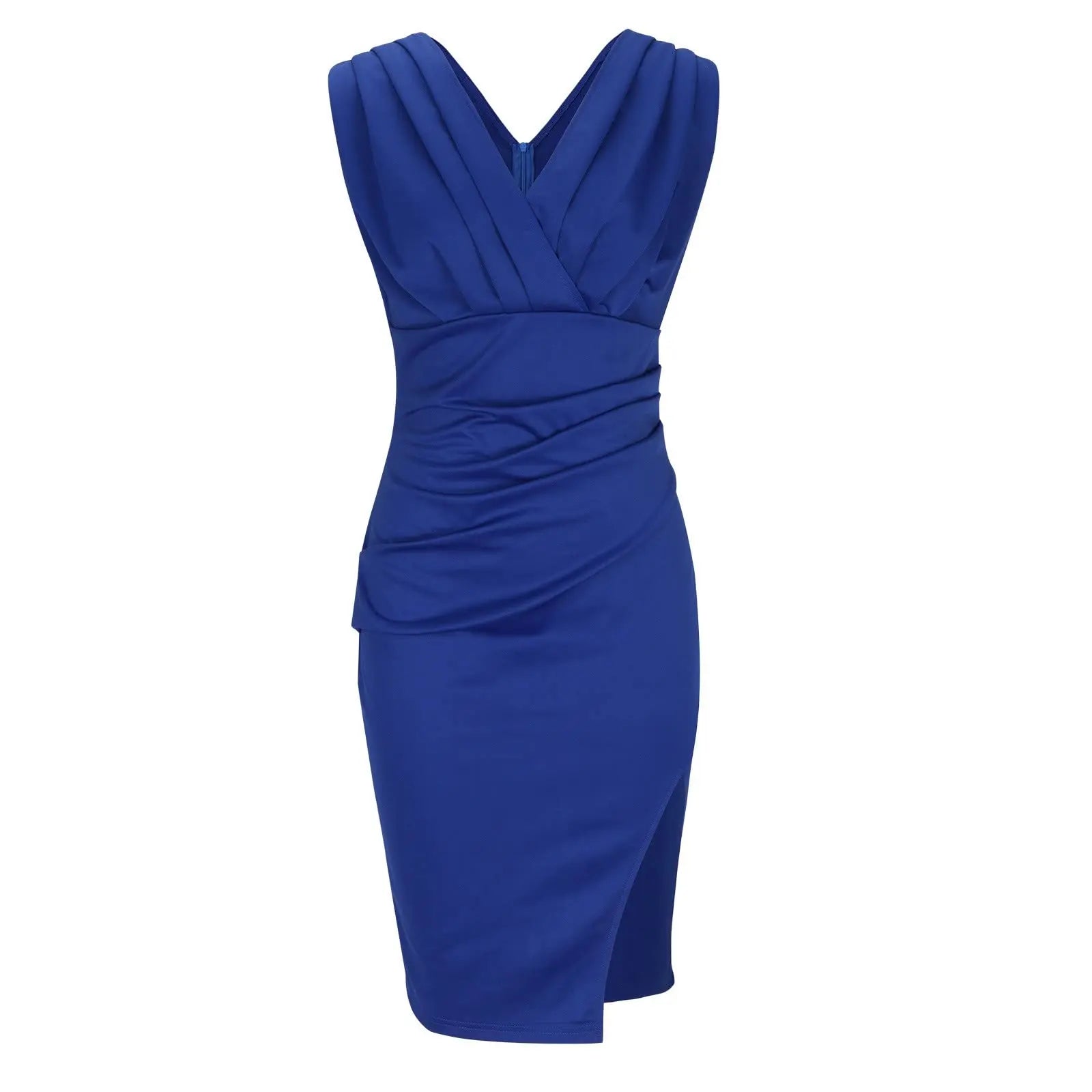 Celestia – V-Neck Pleated Sleeveless Dress with Side Slit Design