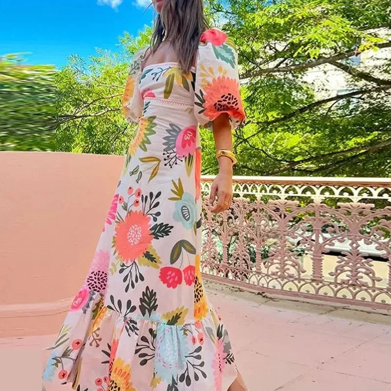 Jane - Chic Floral Print Maxi Dress With Puff Sleeves