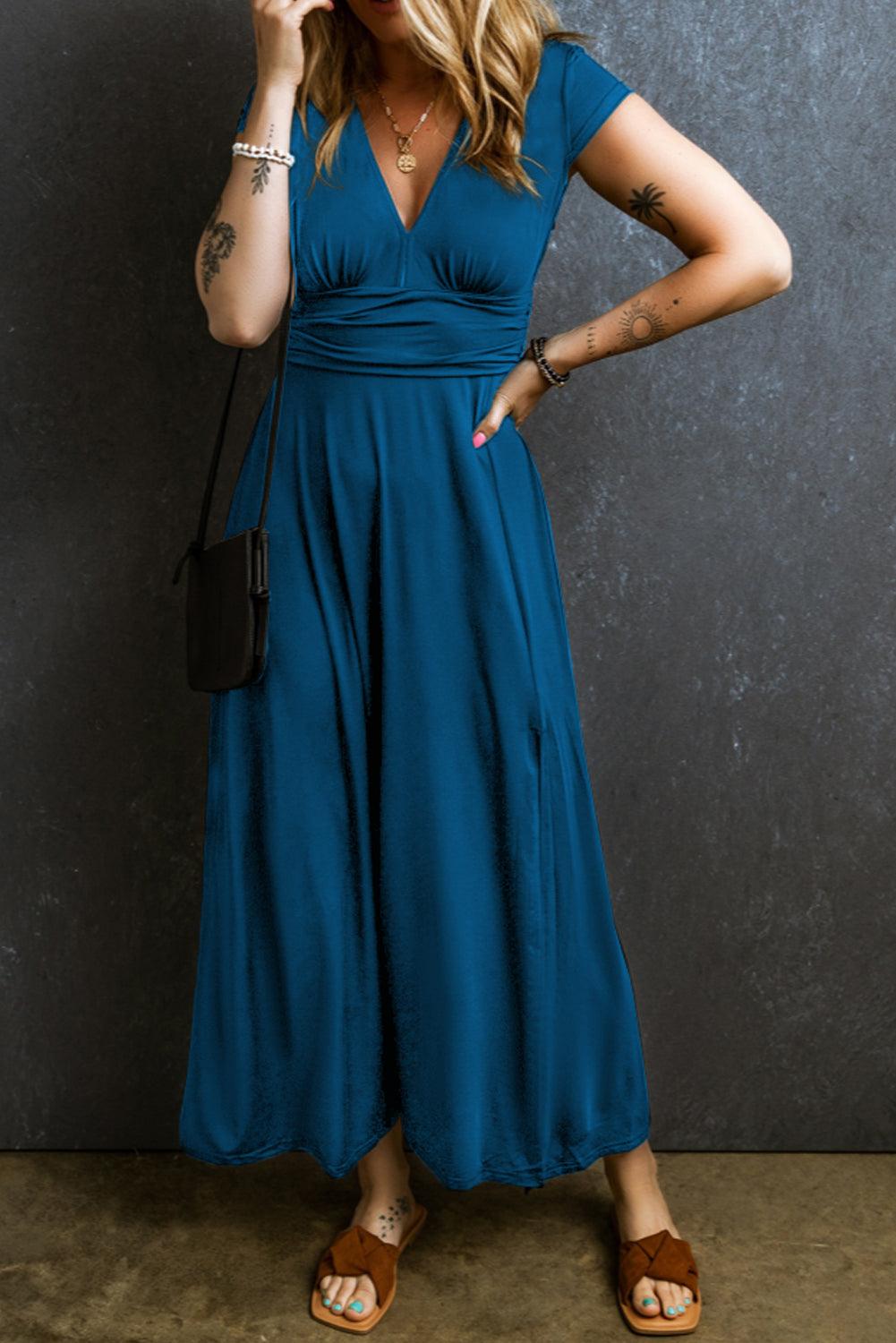 Rose - Short Sleeve Shirred V Neck Maxi Dress