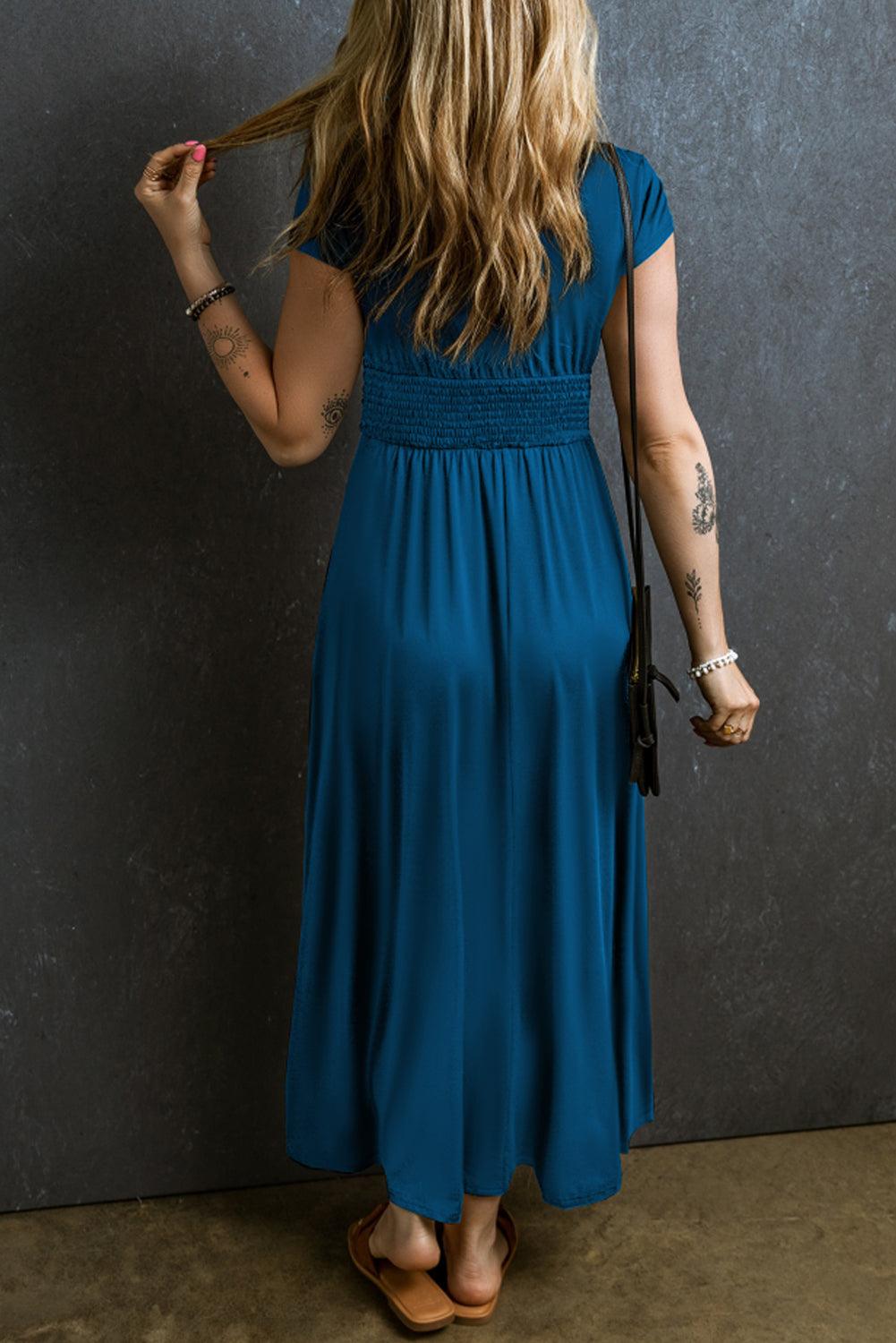 Rose - Short Sleeve Shirred V Neck Maxi Dress