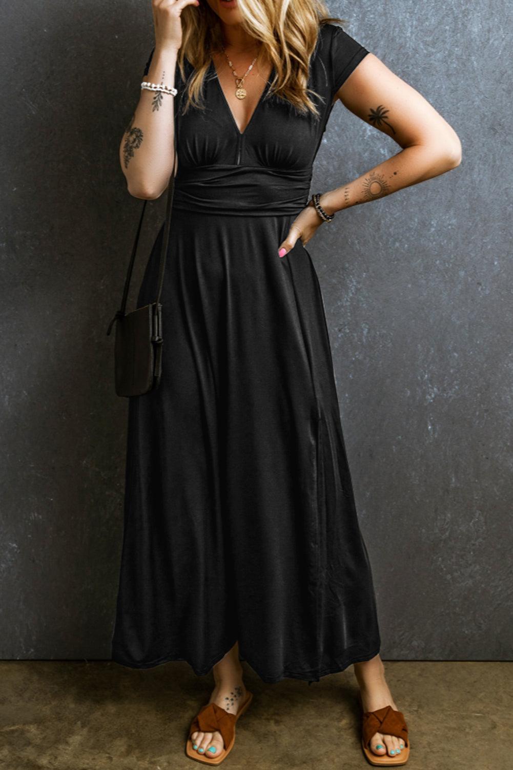 Rose - Short Sleeve Shirred V Neck Maxi Dress