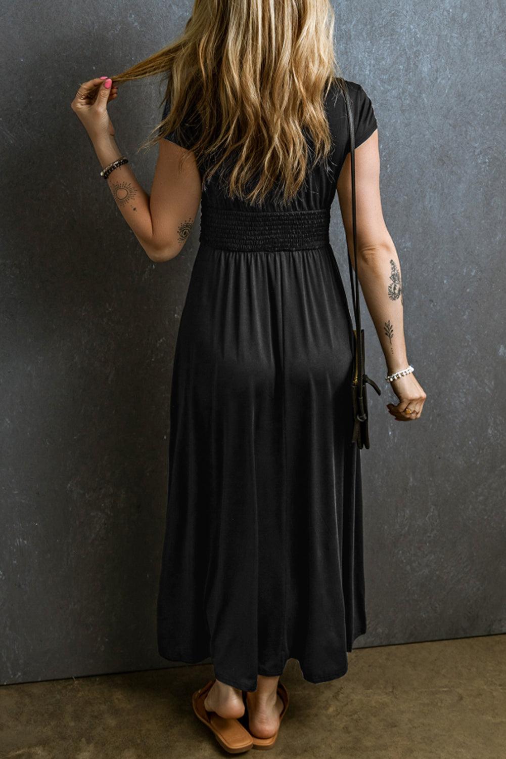 Rose - Short Sleeve Shirred V Neck Maxi Dress